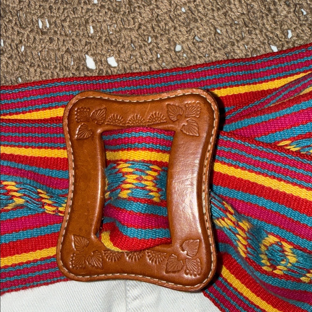 Colorful Woven Belt with Tooled Leather Buckle. OS